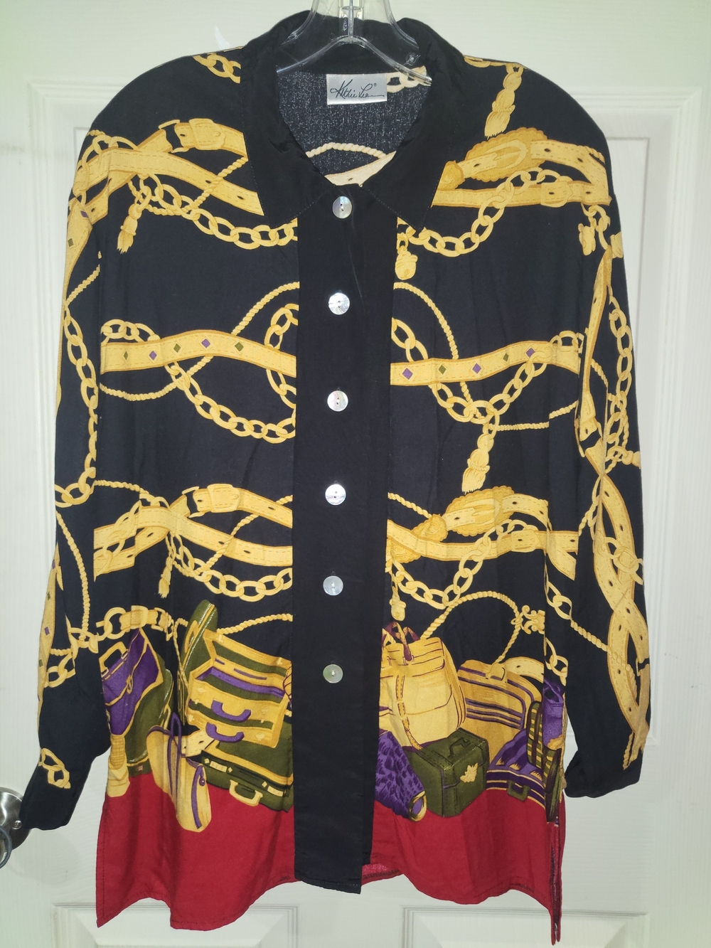 Kathie Lee Collection Black Jacket with Gold Chain & Red Hem Accents